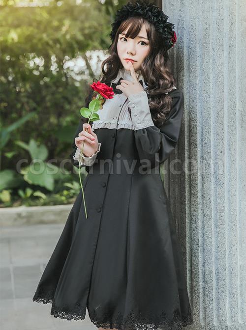 Little Stand Collar Concise Gothic Lolita Long Sleeve Dress coscarnival