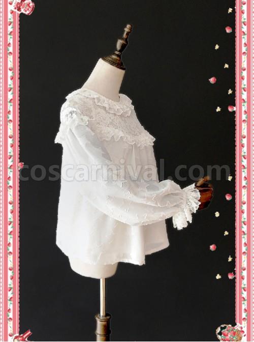 Little Star Hollow Out White Lace Lolita Long Sleeves Shirt coscarnival