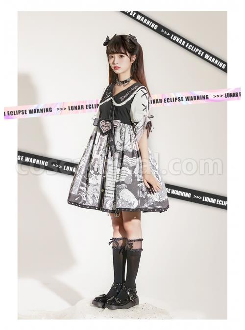 Little Tengu Series OP Doll Collar Printing Black Cute Gothic Lolita Short Sleeve Dress coscarnival