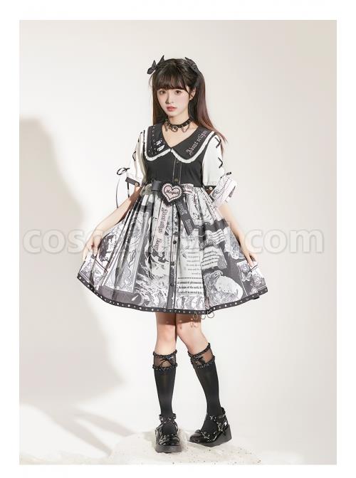 Little Tengu Series OP Doll Collar Printing Black Cute Gothic Lolita Short Sleeve Dress coscarnival