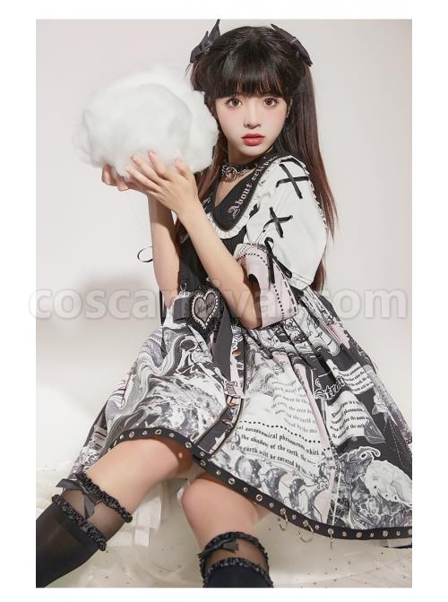 Little Tengu Series OP Doll Collar Printing Black Cute Gothic Lolita Short Sleeve Dress coscarnival