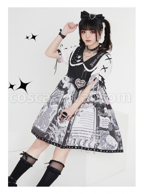 Little Tengu Series OP Doll Collar Printing Black Cute Gothic Lolita Short Sleeve Dress coscarnival