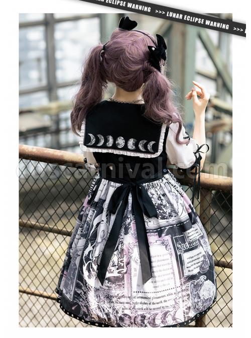 Little Tengu Series OP Doll Collar Printing Black Cute Gothic Lolita Short Sleeve Dress coscarnival