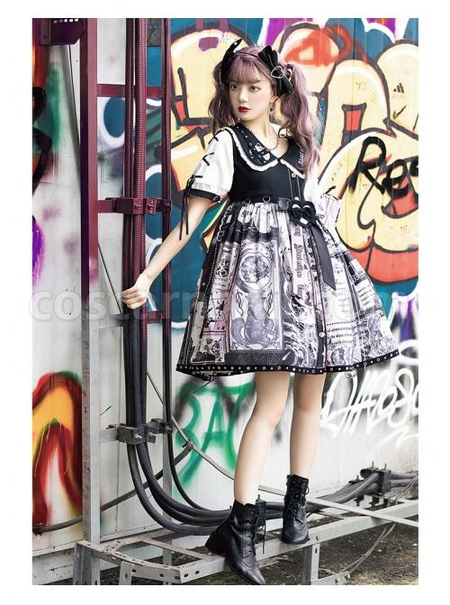 Little Tengu Series OP Doll Collar Printing Black Cute Gothic Lolita Short Sleeve Dress coscarnival