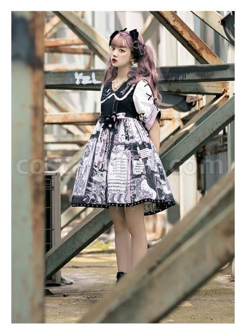 Little Tengu Series OP Doll Collar Printing Black Cute Gothic Lolita Short Sleeve Dress coscarnival