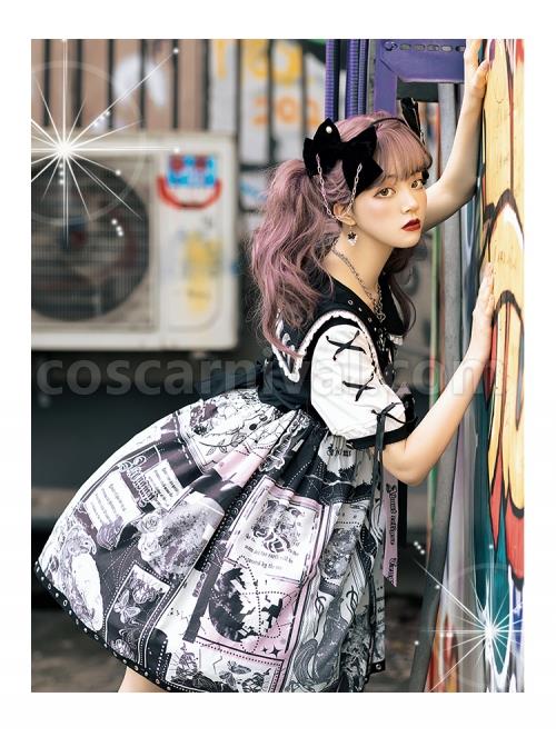 Little Tengu Series OP Doll Collar Printing Black Cute Gothic Lolita Short Sleeve Dress coscarnival