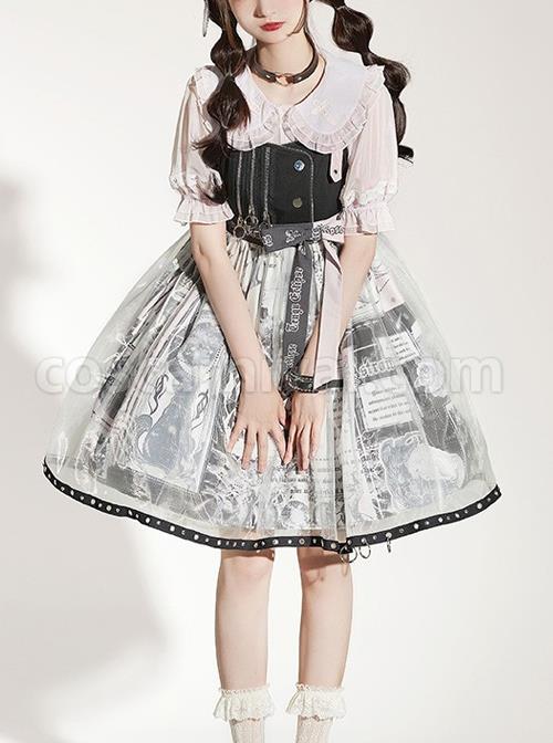 Little Tengu Series JSK Black Printing Tulle Hem Black Cute Punk Street Gothic Lolita Sling Dress coscarnival