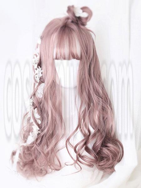 Sweet Lolita Wigs Tan Long Curly Blunt Bangs Spiral Curls Dolles Synthetic Hair Wigs 