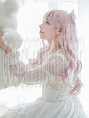 Sweet Lolita Wigs Soft Pink Long Curly Lolita Hair Wigs With Blunt Bangs 