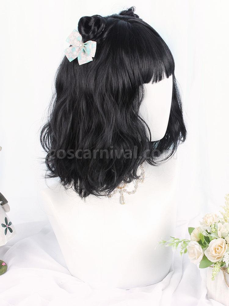 甘いロリータ ウィッグ ブラック 30 cm-35 cm 耐熱ファイバー フリンジ ロリータ アクセサリー coscarnival
