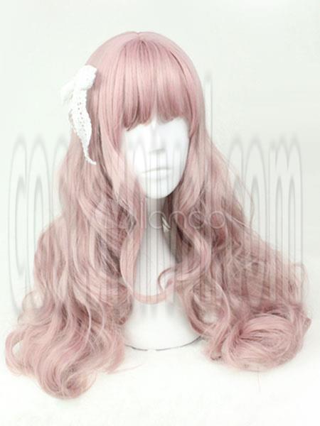 甘いロリータ ウィッグ ソフト ピンク ロング カーリー ロリータ ヘア ウィッグ ブラント バング cocarnival