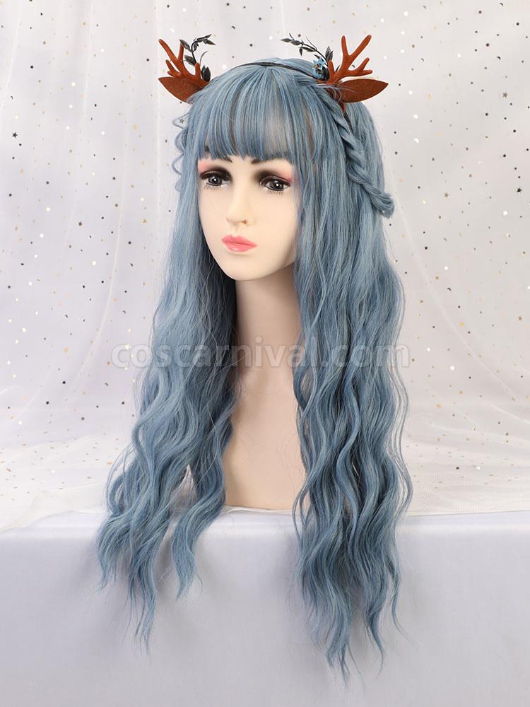 女性のためのロングウィッグベビーブルーカーリーレーヨンボヘミアンレイヤードロング合成かつら cocarnival