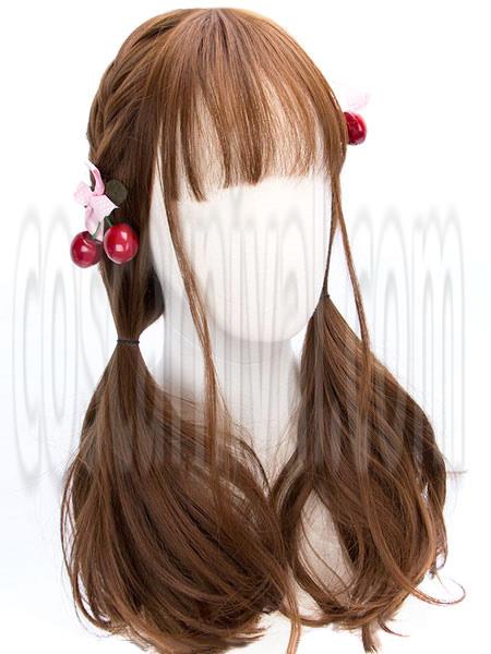 Classic Lolita Wigs Deep Brown Long Straight Blunt Bangs Curls At Ends Synthetic Hair Wigs 