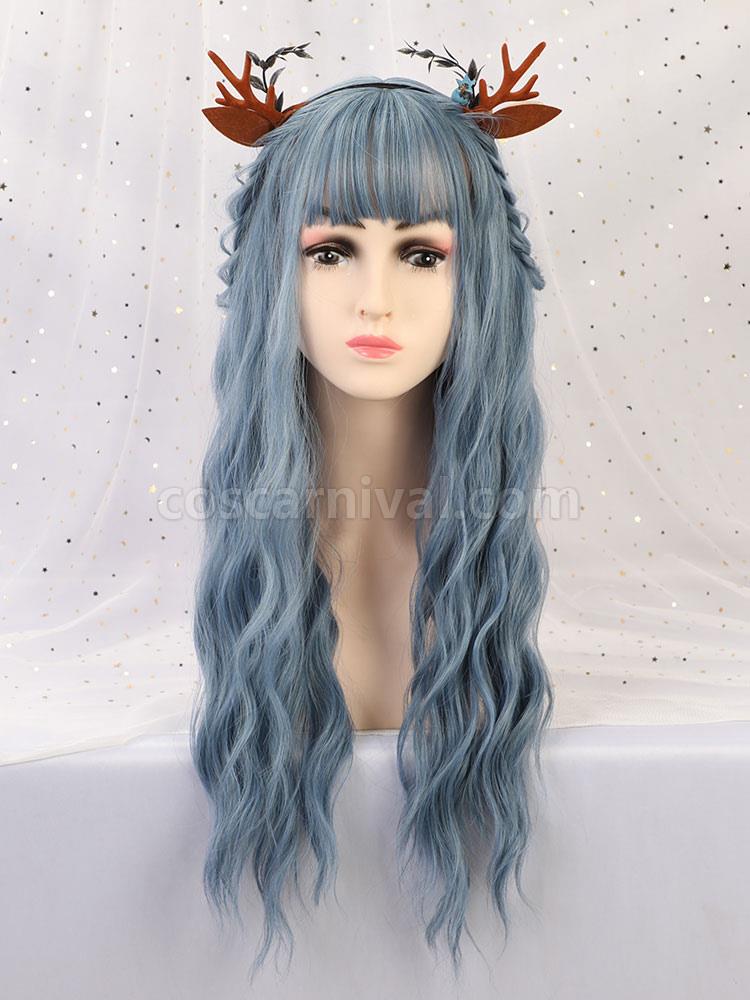 女性のためのロングウィッグベビーブルーカーリーレーヨンボヘミアンレイヤードロング合成かつら cocarnival