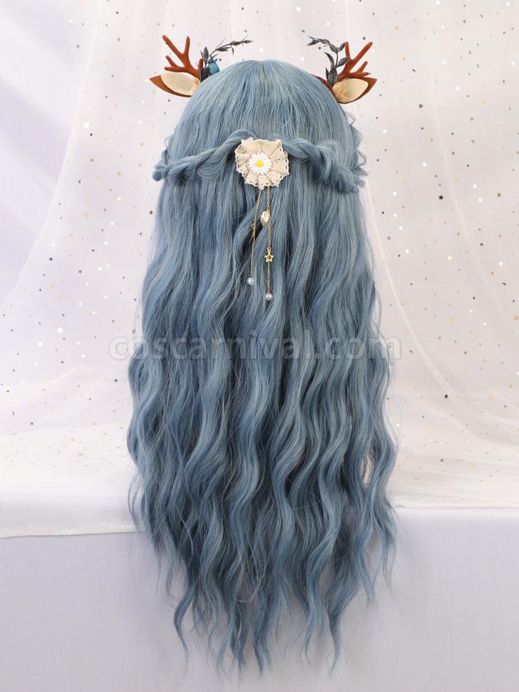 女性のためのロングウィッグベビーブルーカーリーレーヨンボヘミアンレイヤードロング合成かつら cocarnival