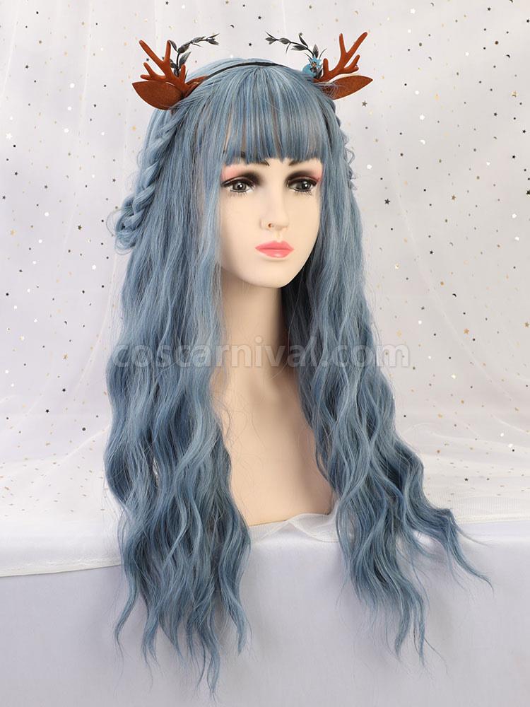 女性のためのロングウィッグベビーブルーカーリーレーヨンボヘミアンレイヤードロング合成かつら cocarnival