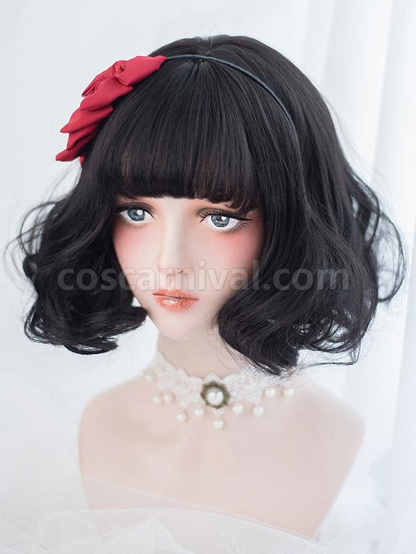 黒ロリータ ウィッグ ブラント バング フル ボリューム カール 乱れたショート ロリータ ウィッグ cocarnival