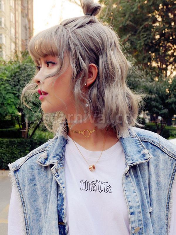 甘いロリータ ウィッグ グレー ショート ロリータ ヘア ウィッグ ウィッグ シースルー 前髪 cocarnival