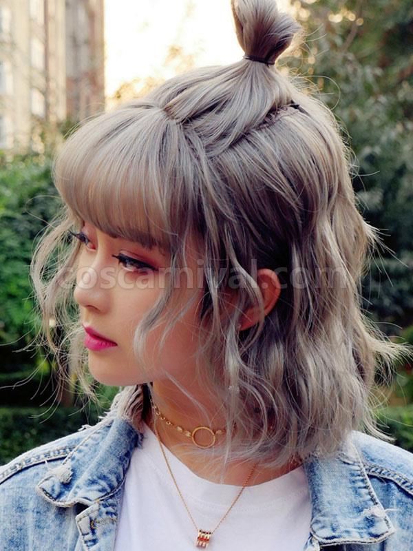 甘いロリータ ウィッグ グレー ショート ロリータ ヘア ウィッグ ウィッグ シースルー 前髪 cocarnival