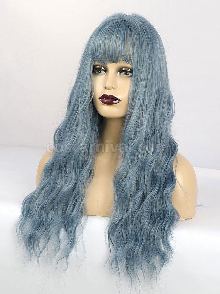 女性のためのロングウィッグパステルブルーカーリーレーヨンカジュアル乱れたロング合成かつら cocarnival