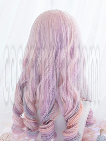 甘いロリータ ウィッグ ピンク オンブル ロング カーリー ロリータ ヘア ウィッグ ブラント バング cocarnival