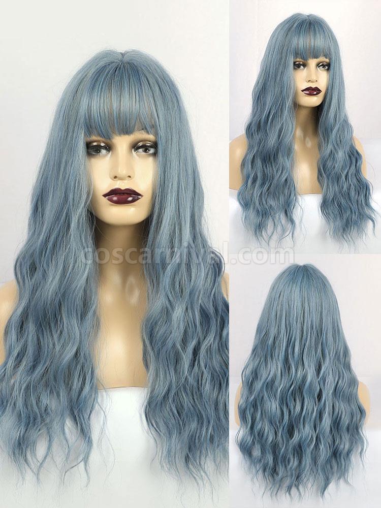 女性のためのロングウィッグパステルブルーカーリーレーヨンカジュアル乱れたロング合成かつら cocarnival