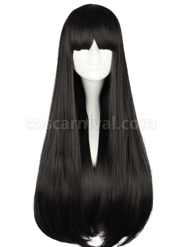 Pure Black Lolita Long Straight Wig Blunt Bangs Face Framing 