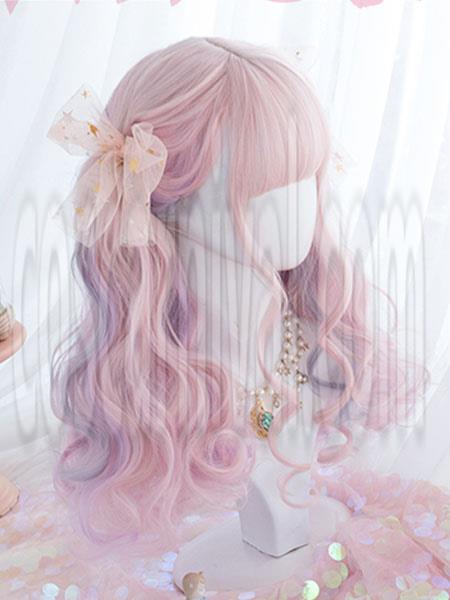甘いロリータ ウィッグ ピンク オンブル ロング カーリー ロリータ ヘア ウィッグ ブラント バング cocarnival