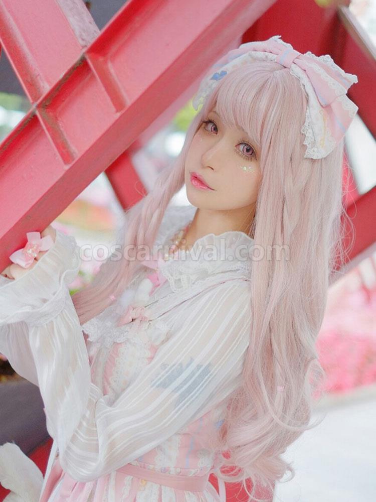 Pink Lolita Wigs Long Curly Blunt Bangs Kawaii Synthetic Hair Wigs 