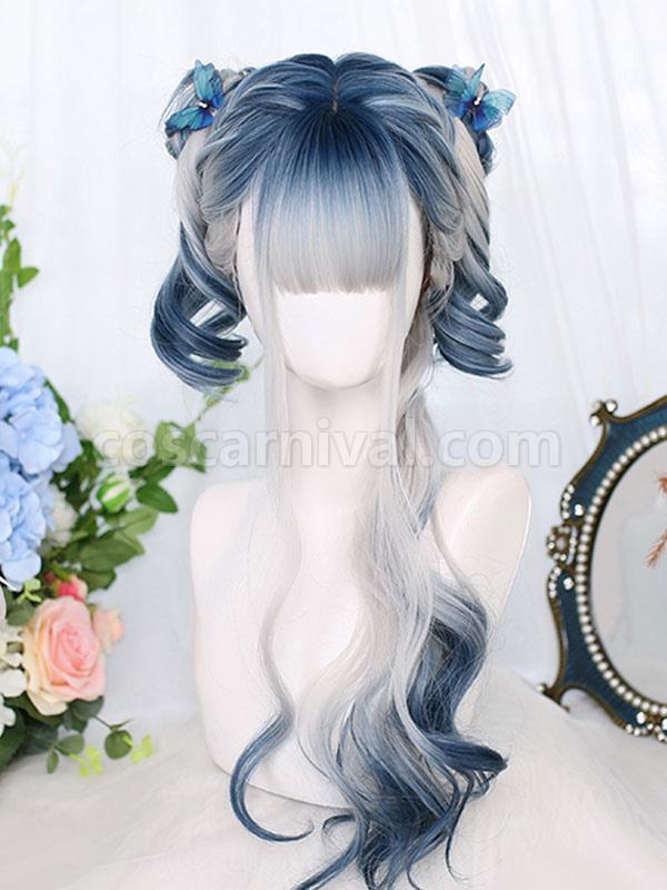 Harajuku Fashion Lolita Wigs Blue Long Heat-resistant Fiber Highlighting Hair Lolita Accessories 