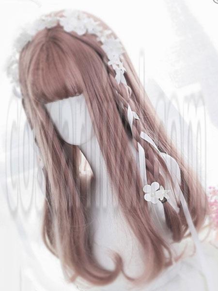 Sweet Lolita Wigs Tan Long Straight Blunt Bangs Curls At Ends Letitia Synthetic Hair Wigs 