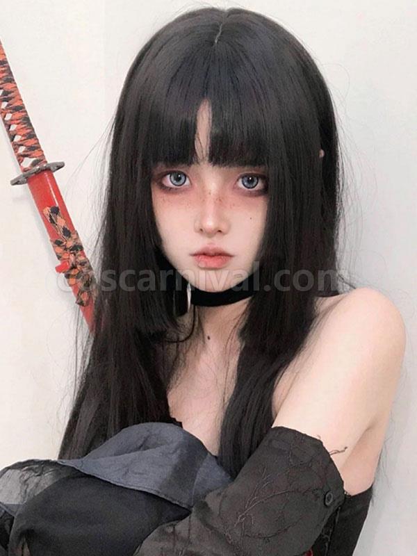 甘いロリータ ウィッグ ブラック ロング 耐熱ファイバー ロリータ アクセサリー coscarnival