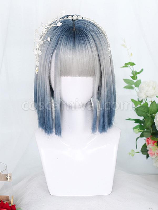 Blue Gray Lolita Wig Short Heat-resistant Fiber Lolita Accessories 
