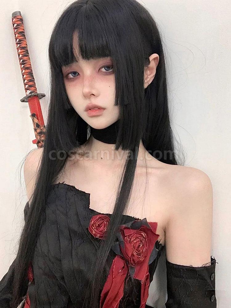 甘いロリータ ウィッグ ブラック ロング 耐熱ファイバー ロリータ アクセサリー coscarnival