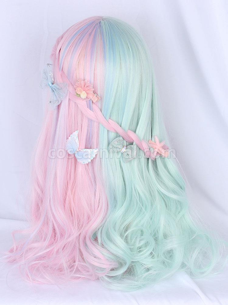Sweet Lolita Wigs Mint Green Color Block Fiber Flowers Lolita Accessories 