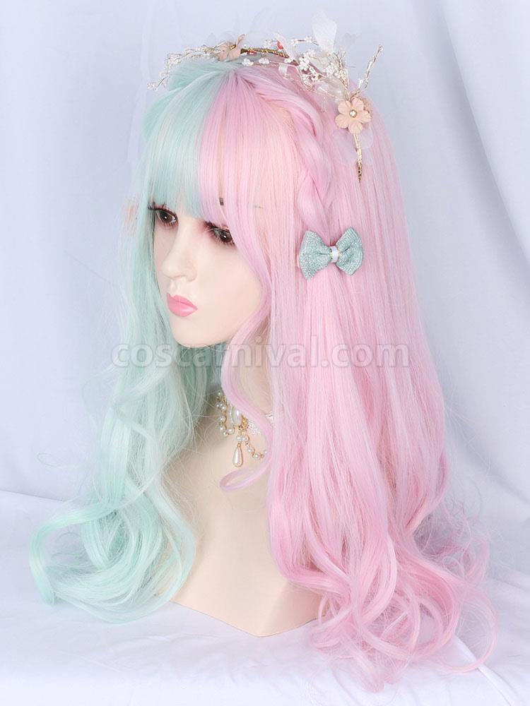 甘いロリータ ウィッグ ミント グリーン カラー ブロック ファイバー花ロリータ アクセサリー cocarnival