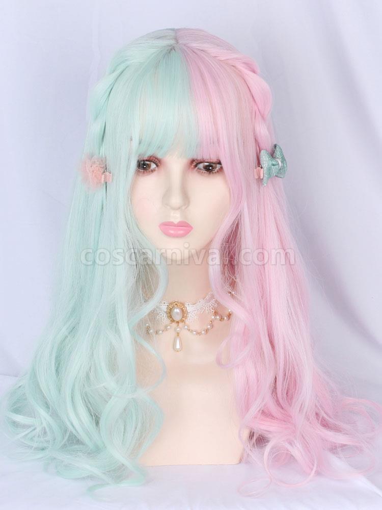 甘いロリータ ウィッグ ミント グリーン カラー ブロック ファイバー花ロリータ アクセサリー cocarnival