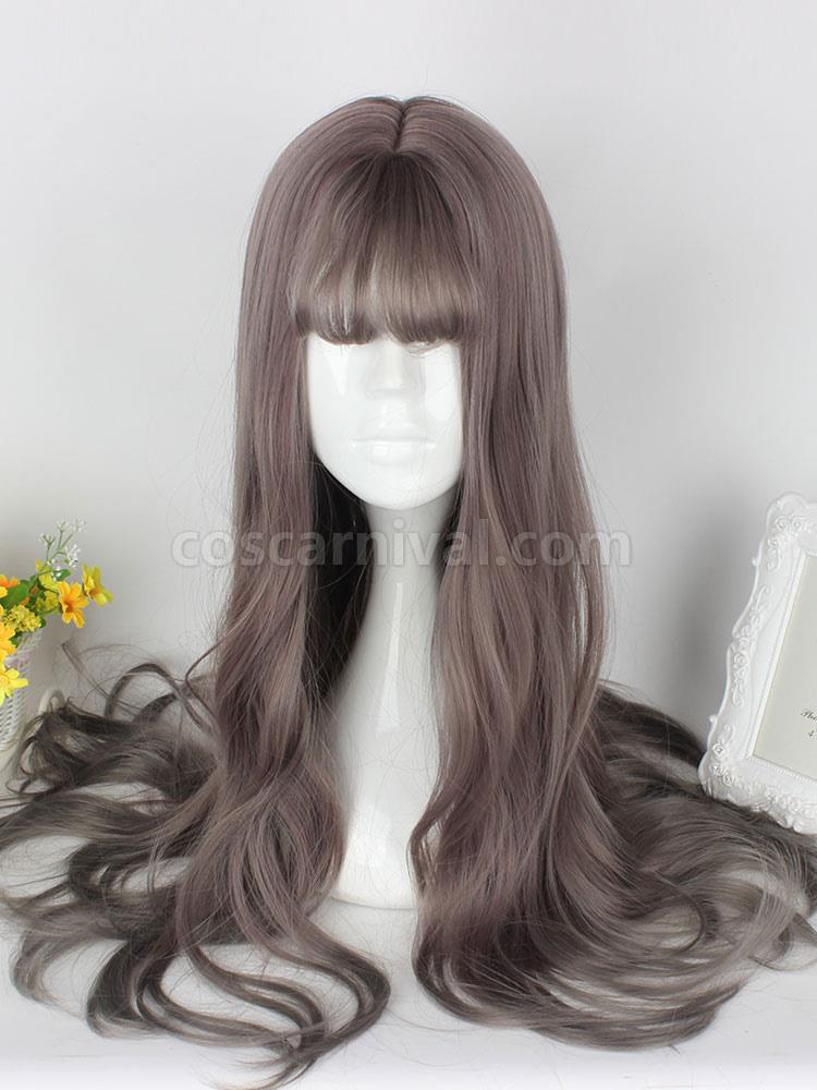 甘いロリータ ウィッグ カーリー ロング亜麻色ブラント前髪人工毛ウィッグ cocarnival