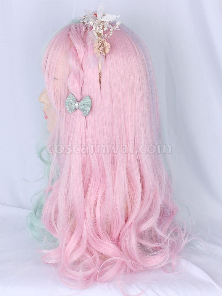 甘いロリータ ウィッグ ミント グリーン カラー ブロック ファイバー花ロリータ アクセサリー cocarnival