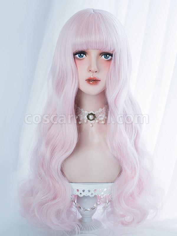 Sweet Lolita Wig Harajuku Blunt Bang Tousled Body Wave Soft Pink Lolita Wig 
