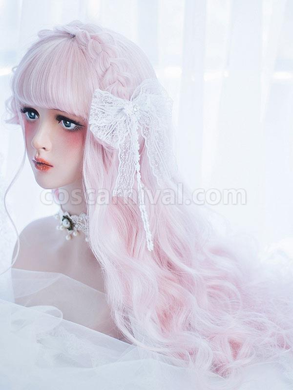 甘いロリータ ウィッグ原宿ブラント バング乱れたボディ ウェーブ ソフト ピンク ロリータ ウィッグ cocarnival