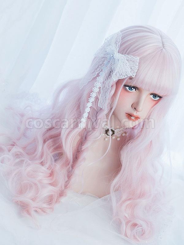 甘いロリータ ウィッグ原宿ブラント バング乱れたボディ ウェーブ ソフト ピンク ロリータ ウィッグ cocarnival