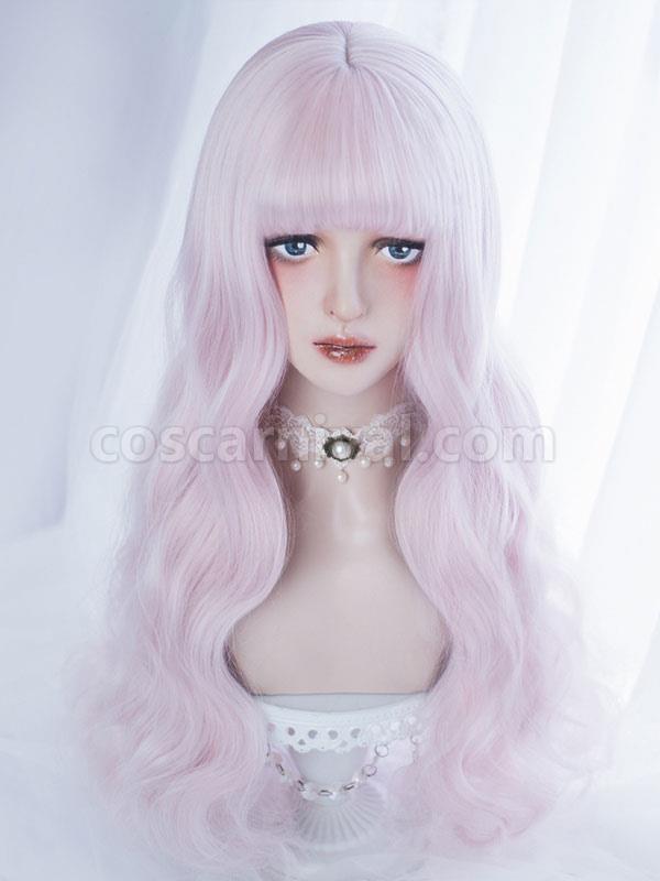 甘いロリータ ウィッグ原宿ブラント バング乱れたボディ ウェーブ ソフト ピンク ロリータ ウィッグ cocarnival