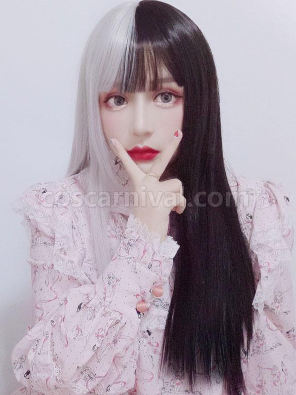 Long Lolita Wig Black And White Split Color Lolita Hair Wigs 