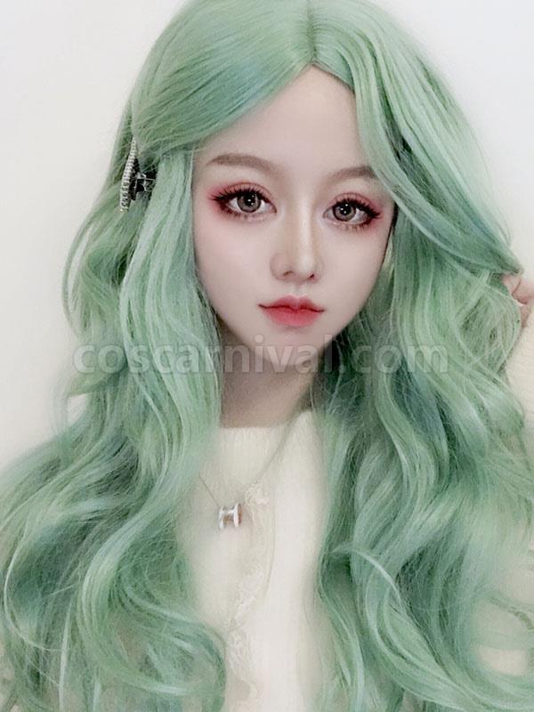 ロング ロリータ ウィッグ カーリー ミント グリーン 中央分け目 ロリータ ヘア ウィッグ cocarnival