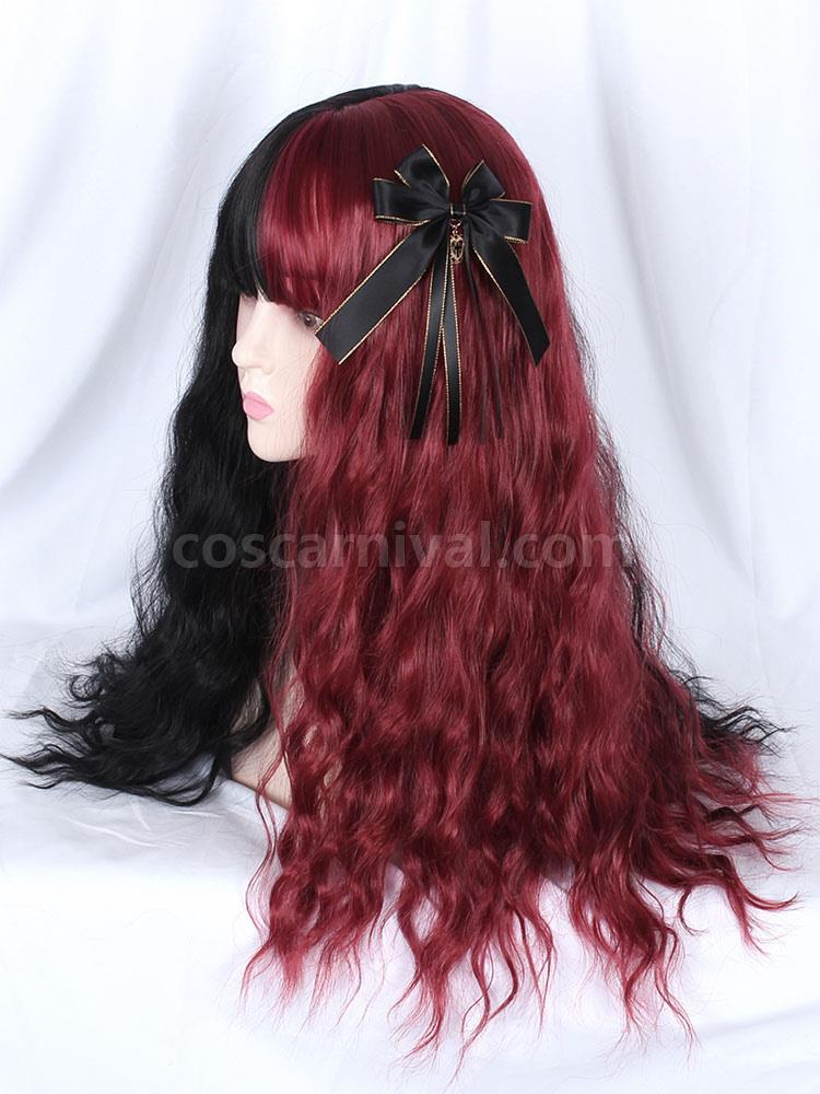 スウィートロリータ ウィッグ レースアップ カラーブロック 猫繊維 ブルゴーニュ ロリータ アクセサリー cocarnival