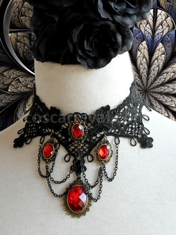 Gothic Lolita Choker Metal Detail Jewel Lace Black Lolita Necklace coscarnival