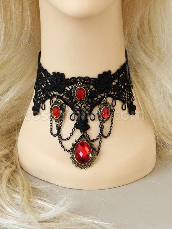 Gothic Lolita Choker Metal Detail Jewel Lace Black Lolita Necklace coscarnival