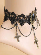 Gothic Lolita Choker Cross Chain Lace Black Lolita Necklace coscarnival