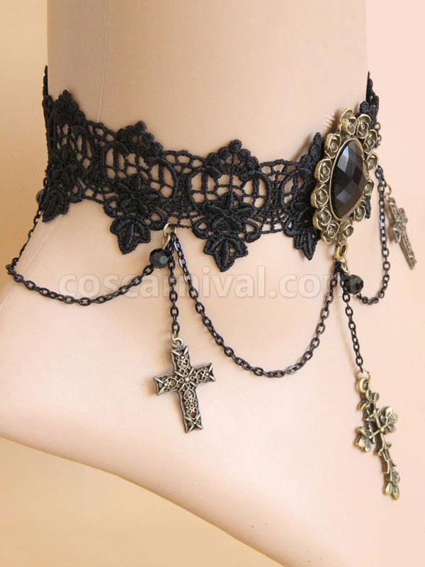 Gothic Lolita Choker Cross Chain Lace Black Lolita Necklace coscarnival